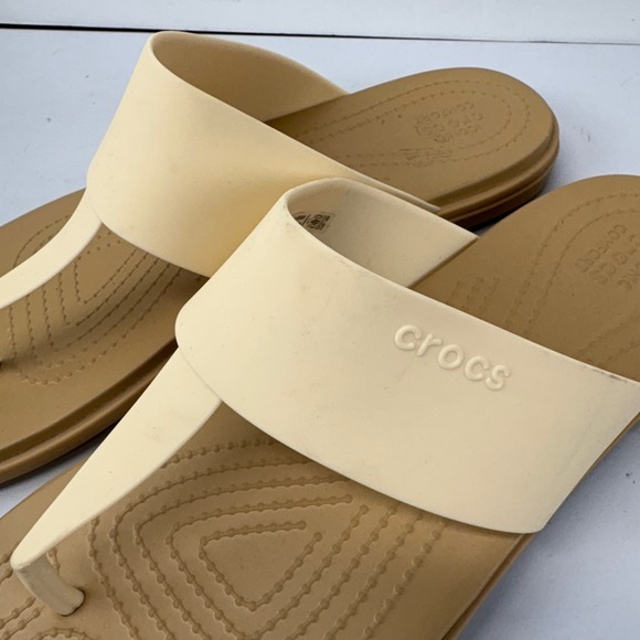 Crocs Tulum Flip Flop Womens 11 Beige Cream Cushioned Footbed Casual Sandals - Picture 2 of 9